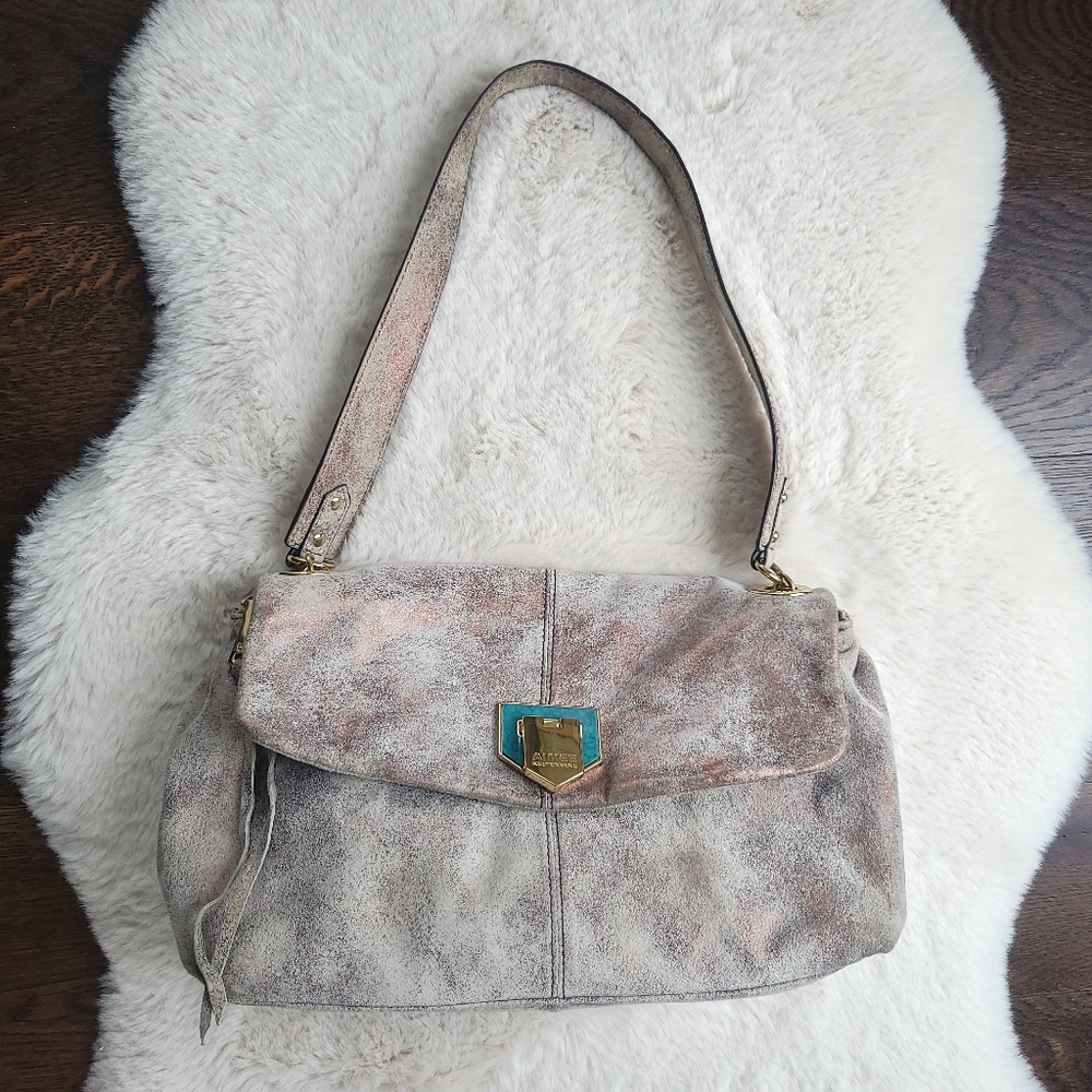 Aimee Kestenberg Metallic Bronze Stone Gold Leather Envelope Shoulder Bag Purse